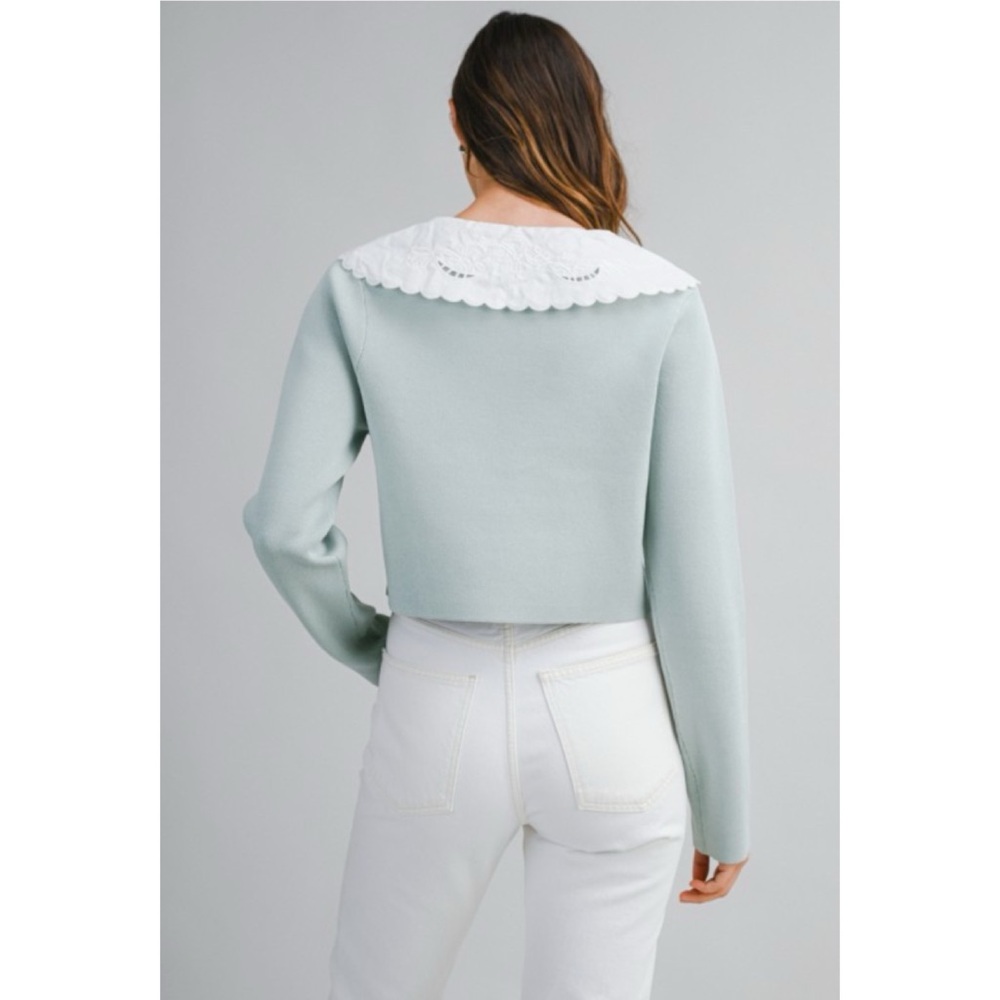 1141 • Seafoam Knit Double Breast Cardigan Top w/White Scallop Cotton Collar - Picture 7 of 11